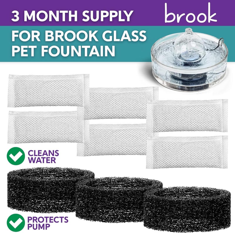 Brook Glass Pet Fountain Filter Replacement Set – 3 Filter Rings & 6 Activated Carbon Pouches – 3 Month Supply Replacement Filters Set for Cat Fountain - Image 2
